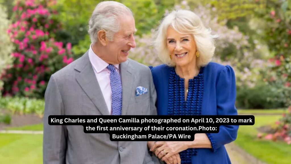 King charles and queen camilla photographed on april 10, 2023 to mark the first anniversary of their coronation. Photo: buckingham palace/pa wire