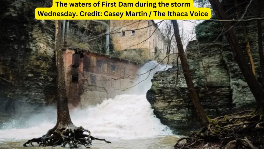 The waters of first dam during the storm wednesday. Credit: casey martin / the ithaca voice